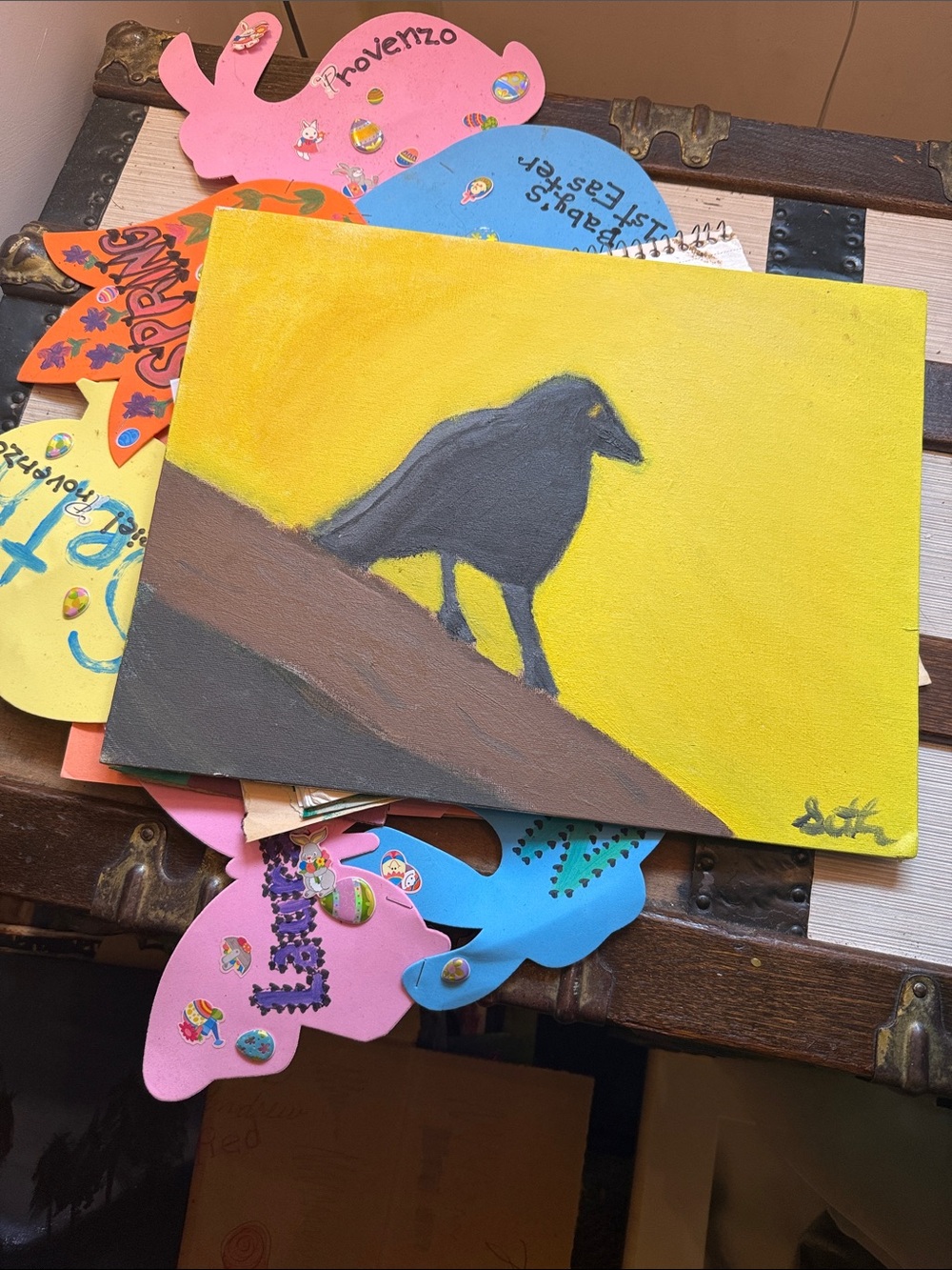Handmade Black Crow Bird Canvas Painting on Yellow Background